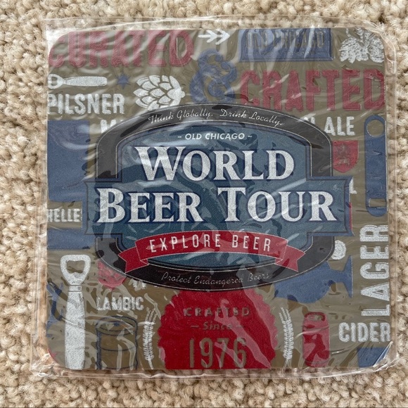 NIP OLD CHICAGO Pizza & Taproom WORLD BEER TOUR Box of 4 Drink Mats Coasters - Picture 2 of 3